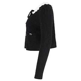 Self portrait-Self-Portrait Collared Metallic-Weave Cardigan in Black Cotton-Black