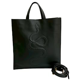 Gucci-Gucci Kingsnake Embossed Leather 2way Handbag-Black