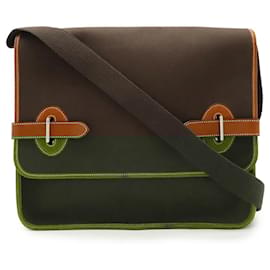 Hermès-Hermes Buenaventura PM Toile Officier Leather Shoulder Bag-Brown