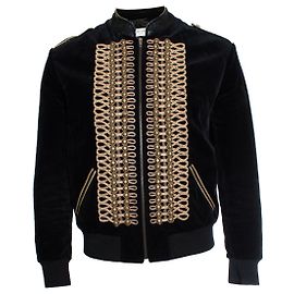 Schwarze Satin-Militärbomberjacke von Saint Laurent Schwarz Golden