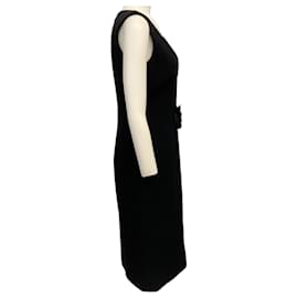 Dolce & Gabbana-Dolce & Gabbana Black Wool Sleeveless V Neck Dress with Rosette-Black
