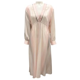 Peserico Light Pink Monili Bead Embellished Long Sleeved Deep V Neck Satin Midi Dress Pink