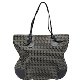 Fendi-Sac à main en toile Zucchino FENDI bleu marine argent authentique th6019-Argenté,Bleu Marine