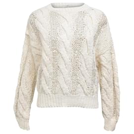 Brunello Cucinelli-Brunello Cucinelli Sequin-Embellished Cable-Knit Sweater in White Silk-White,Cream