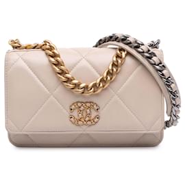 Chanel-Chanel Brown Quilted Lambskin 19 Wallet on Chain-Brown,Beige