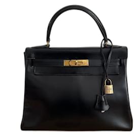 Hermès-Hermès Kelly 28 – Box noir – 1955 – Métal doré – Pièce rare-Noir
