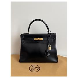 Hermès-Hermès Kelly 28 – Box noir – 1955 – Métal doré – Pièce rare-Noir