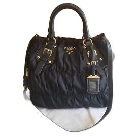 Prada Gaufre Handbag Black Linen Black