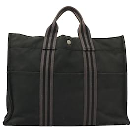 Hermès-HERMES Fourre Tout MM Sac à Main Toile Noir Argent Auth ti3099-Noir,Argenté