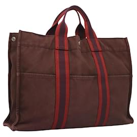 Hermès-HERMES Fourre Tout MM Sac à Main Toile Rouge Vin Argent Auth ti3100-Argenté,Bordeaux