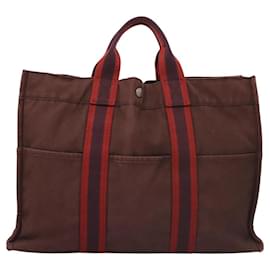 Hermès-HERMES Fourre Tout MM Sac à Main Toile Rouge Vin Argent Auth ti3100-Argenté,Bordeaux