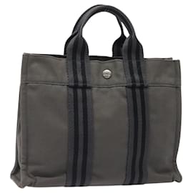Hermès-HERMES Fourre Tout PM Sac à Main Toile Gris Argent Auth 124423-Marron,Argenté