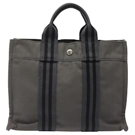 Hermès-HERMES Fourre Tout PM Sac à Main Toile Gris Argent Auth 124423-Marron,Argenté