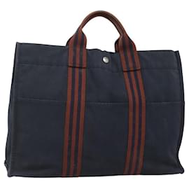 Hermès-HERMES Fourre Tout GM Sac à Main Toile Marine Argent Auth bs25688-Argenté,Bleu Marine