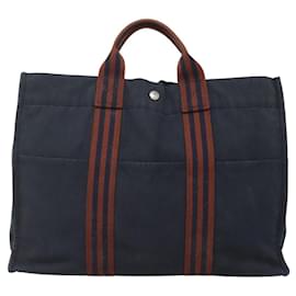 Hermès-HERMES Fourre Tout GM Sac à Main Toile Marine Argent Auth bs25688-Argenté,Bleu Marine