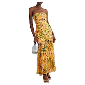 Carolina Herrera-Carolina Herrera Strapless Gathered Bustier Floral Print Gown-Yellow
