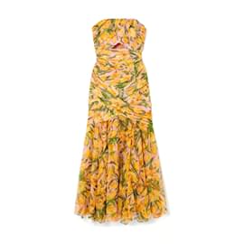 Carolina Herrera-Carolina Herrera Strapless Gathered Bustier Floral Print Gown-Yellow