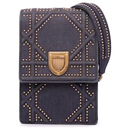 Dior-Dior Gray Studded Denim Vertical Diorama Crossbody-Brown,Dark grey