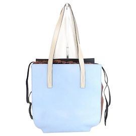 Marni Gusset Leather Drawstring Tote Bag Brown Black White Light blue
