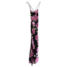 Haney-Haney Orchid Print Silk Asymmetric Hem Slip Dress-Black,Pink