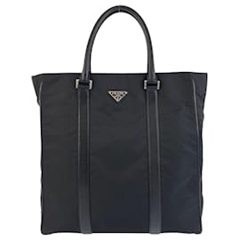 Prada-Prada Tessuto Triangle Logo Plate Tote Bag-Black
