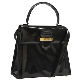 Salvatore Ferragamo Handtasche Emaille 2-Wege Schwarz Gold Auth bs25832 Schwarz Golden