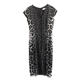 Vestido shift de seda leopardo gris Yves Saint Laurent 2009 Gris