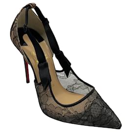 Christian Louboutin-Christian Louboutin Black / Nude Ribbon Detail Lace Pumps-Black