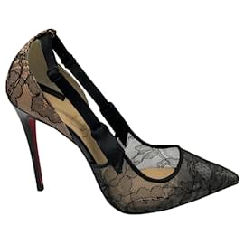 Christian Louboutin-Christian Louboutin Black / Nude Ribbon Detail Lace Pumps-Black