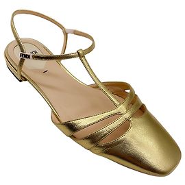Fendi Gold Metallic Leather T-Strap Flats Golden