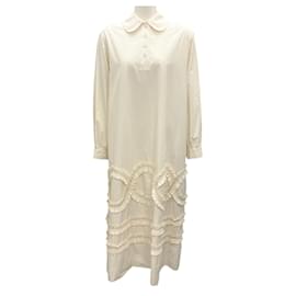 Autre Marque-MINJUKIM Ivory Ruffled Long Sleeved Cotton Midi Dress-Cream