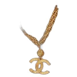 Chanel-Chanel Vintage Multistrand Gold Chain Textured CC Logo Necklace-Gold hardware