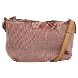 BURBERRY Nova Check Blue Label Shoulder Bag Canvas Red Silver Auth ti3084 Silvery Red