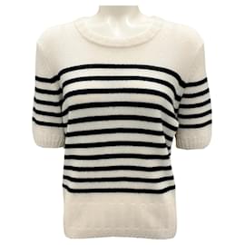 Khaite-Khaite Ivory / Black Short Sleeved Cashmere Knit Sweater-Cream