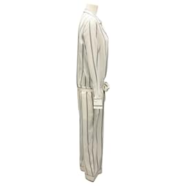 Brunello Cucinelli-Brunello Cucinelli Ivory / Grey Monili Bead Embellished Striped Silk Jumpsuit-Cream