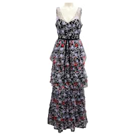 Autre Marque-Marchesa Notte Black / Purple / Red Floral Embroidered Tiered Gown-Black
