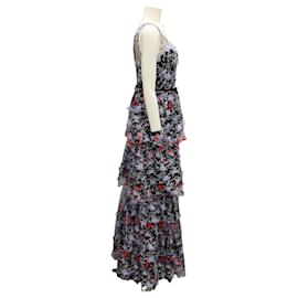 Autre Marque-Marchesa Notte Black / Purple / Red Floral Embroidered Tiered Gown-Black