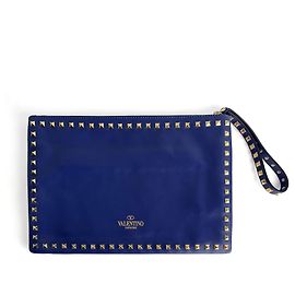 Valentino Garavani Rockstud Medium Calfskin Leather Pouch Blue Blue