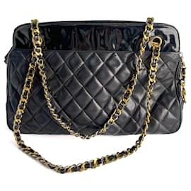 Chanel-Sac à main vintage en cuir d'agneau matelassé noir-Noir