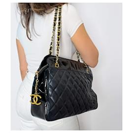 Chanel-Sac à main vintage en cuir d'agneau matelassé noir-Noir