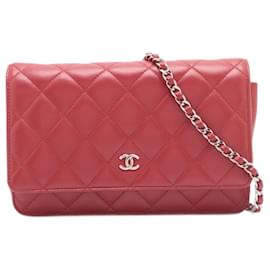 Chanel-WOC en cuir d'agneau matelassé 2 façons sac bandoulière rouge framboise-Autre
