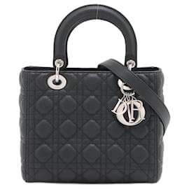 Dior-Lady Dior Medium Cannage Grained Calfskin Leather 2-Ways Tote Bag Black-Black
