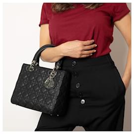 Dior-Lady Dior Medium Cannage Grained Calfskin Leather 2-Ways Tote Bag Black-Black