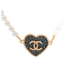 Chanel-CC Metal Necklace Heart and Pearls Gold-Golden