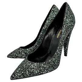 Saint Laurent Leather & Glitter Pump 39 Black Black