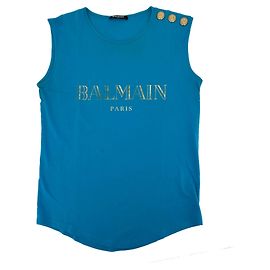 Balmain Blaues Baumwoll-Tanktop mit goldenen Löwenknöpfen Blau