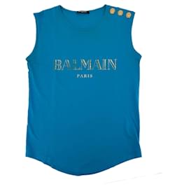 Balmain-Tank Top Gold Lion-Buttons Cotton Tshirt Blue-Blue