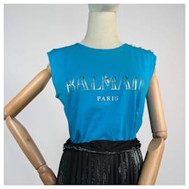 Balmain-Tank Top Gold Lion-Buttons Cotton Tshirt Blue-Blue