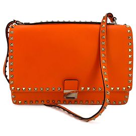 Valentino Garavani Bolsa de ombro com aba 2 vias em couro de bezerro Rockstud laranja neon Laranja