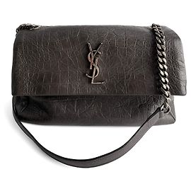 Saint Laurent Bolsa de ombro com aba 2 vias em couro de bezerro grained croco médio Niki cinza Cinza